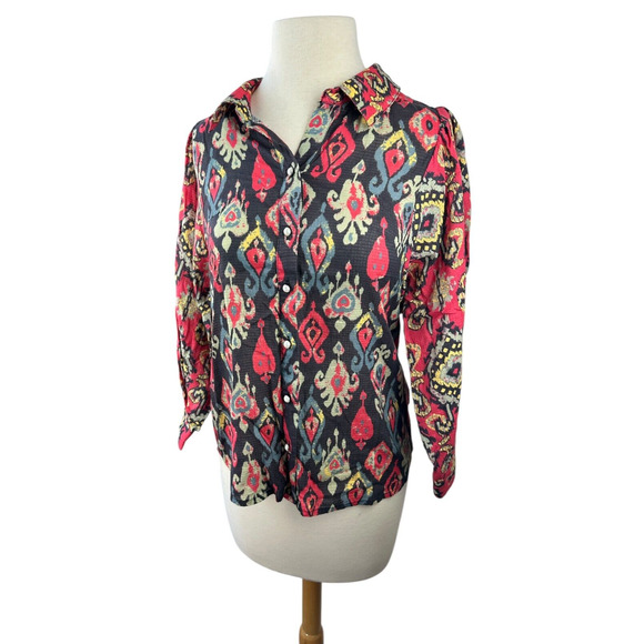 Anthropologie Forever That Girl Ikat Paisley Contrast Print Top Button Blouse XS - Picture 7 of 16